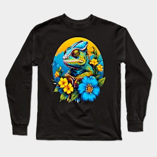 Chameleon Surrounded by Vibrant Spring Flowers Long Sleeve T-Shirt